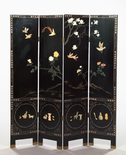 Appraisal: Chinese Carved Black Lacquer Four-Panel Screen in Songbirds and Flowers