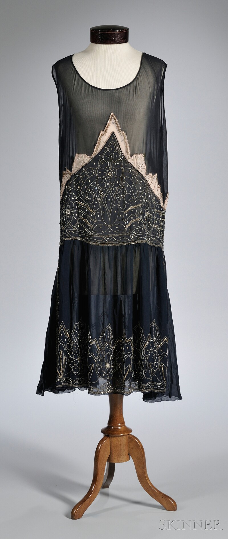 Appraisal: s Navy Blue Beaded Silk Dress with inset pale pink