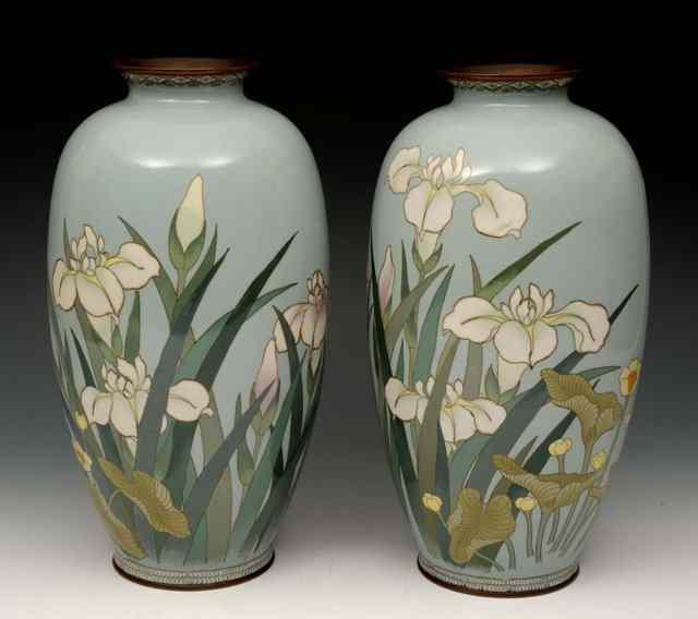 Appraisal: A PAIR OF JAPANESE CLOISONNE GREY GROUND VASES decorated with