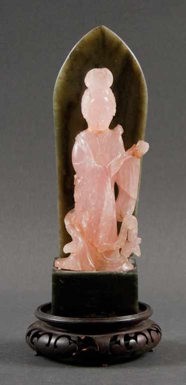 Appraisal: Chinese carved pink quartz Quanyin figure in a green jade