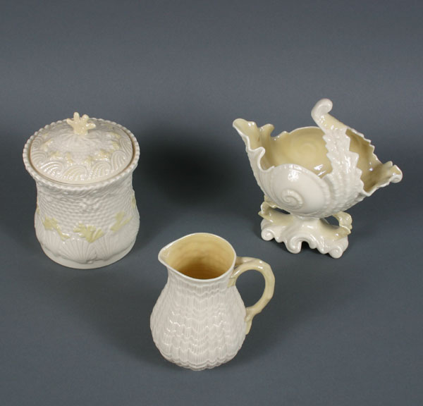 Appraisal: Three Belleek porcelain items covered canister pitcher and nautilus bowl