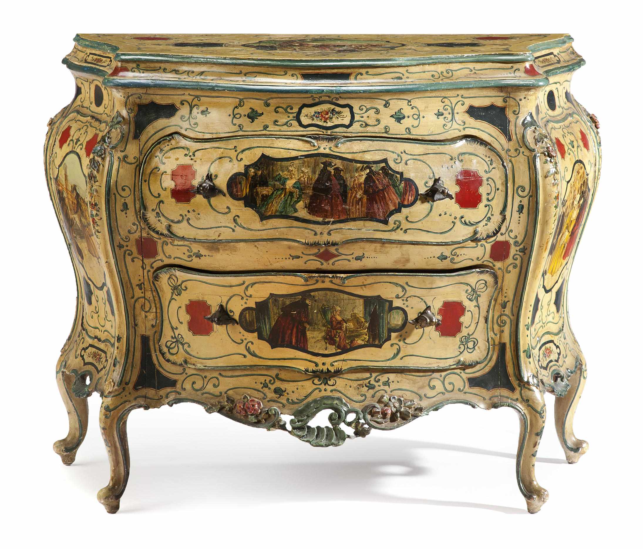 Appraisal: A Venetian Rococo style paint decorated commode of bomb outline