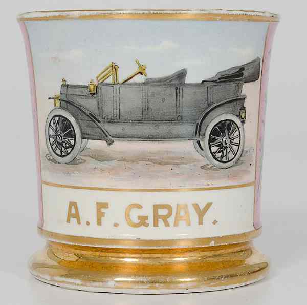 Appraisal: Early Automobile Shaving Mug Porcelain with polychrome painted scene of