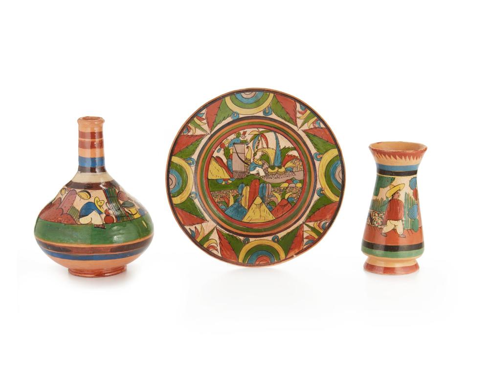 Appraisal: Three Tlaquepaque campesino pottery items Circa s- s Tlaquepaque Mexico