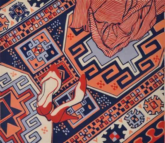 Appraisal: Vicky Taylor born Turkish Carpet with Shoes linocut x cm