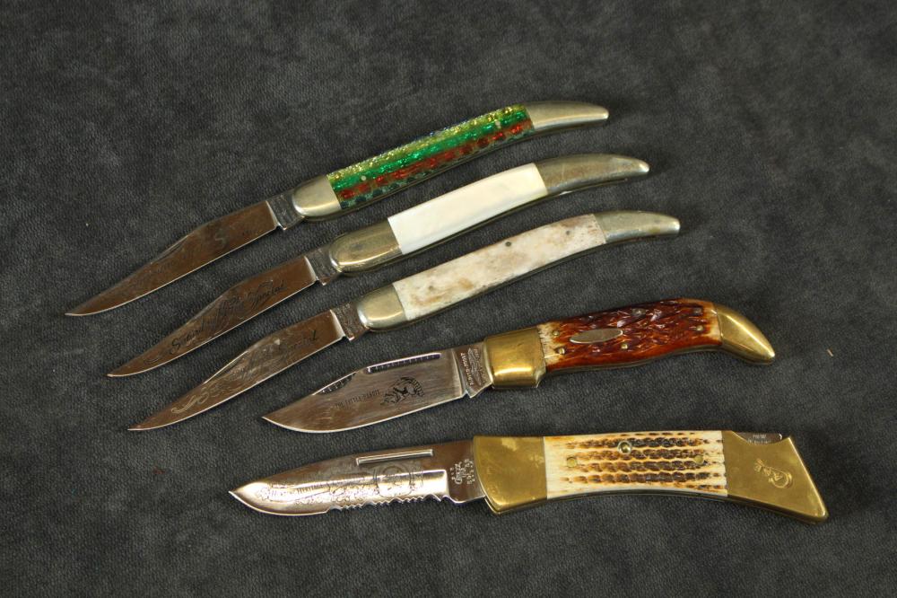 Appraisal: COLLECTION OF FIVE FOLDING KNIVES including CaseXX model l SS