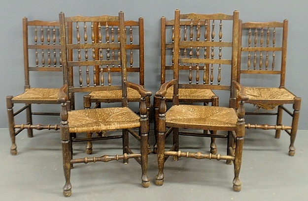 Appraisal: - Set of six English oak chairs with rush seats