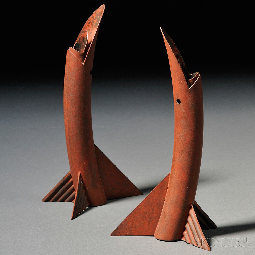 Appraisal: Pair of Jonathan Bonner Bill Fish Candlesticks Patinated copper pipe