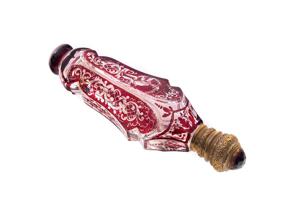 Appraisal: Ruby cut to clear scent bottle with scene engraved Ruby