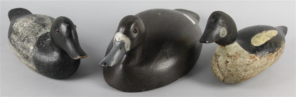 Appraisal: THREE CARVED DUCK DECOYS two with glass eyes and one