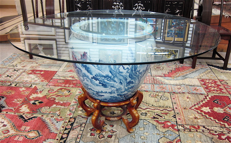 Appraisal: CHINESE PORCELAIN FISHBOWL DINING TABLE featuring a blue white porcelain