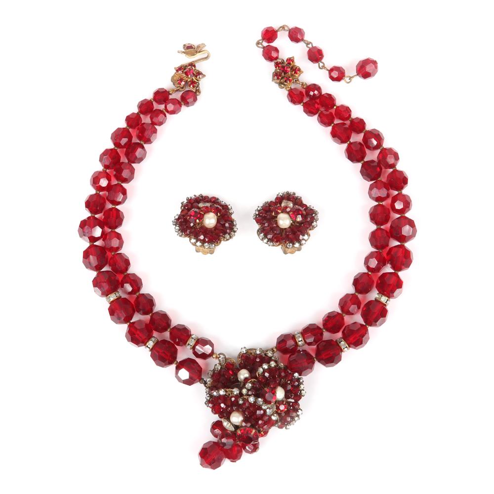 Appraisal: MIRIAM HASKELL DOUBLE STRAND GRADUATED FACETED RUBY CRYSTAL BEADS FAUX