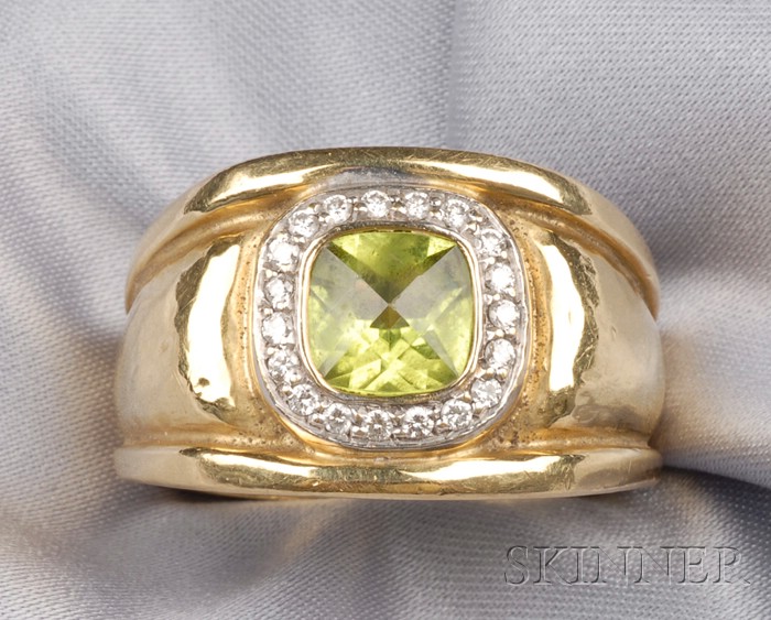 Appraisal: kt Gold Peridot and Diamond Ring bezel-set with a fancy-cut