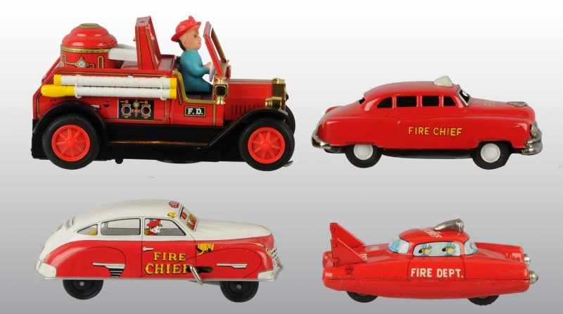 Appraisal: Lot of Tin Litho Fire Department Vehicle Toys Description Japanese