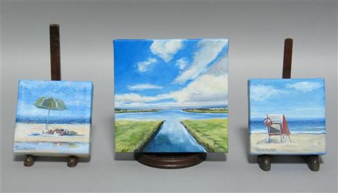 Appraisal: DIANNA POINDEXTER THREE SMALL BEACH SCENE PAINTINGS Oil on canvas