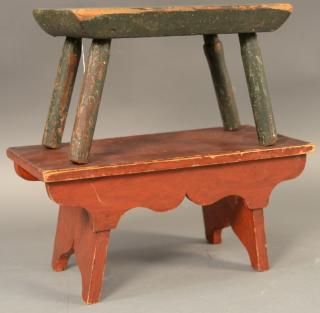 Appraisal: Two primitive stools one with turned leg in old green