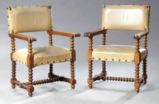 Appraisal: Pair of Spanish Mahogany Brass-Mounted and Leather Upholstered Armchairs mid-