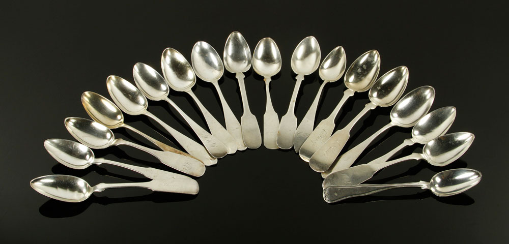 Appraisal: - Eighteen Silver Spoons Eighteen coin silver spoons approximately troy