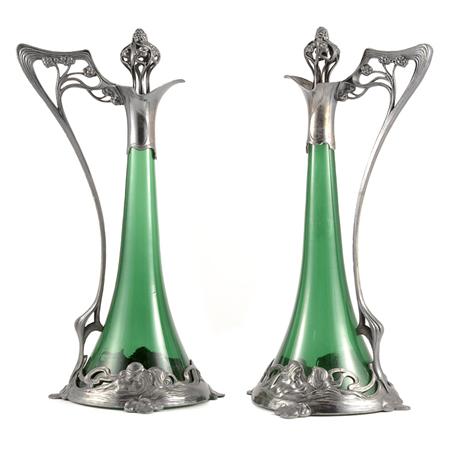 Appraisal: Pair of Art Nouveau Style Silver Plate Mounted Green Glass