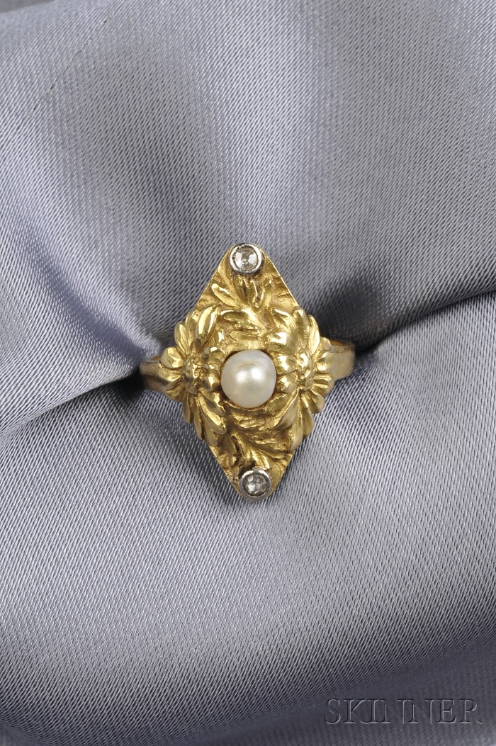 Appraisal: Art Nouveau kt Gold Pearl and Diamond Ring the floral