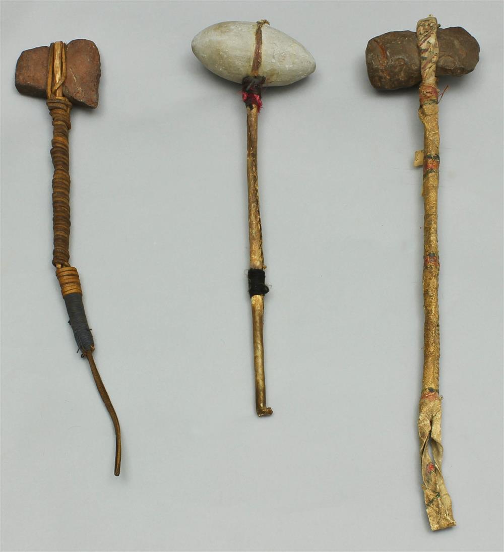 Appraisal: THREE NATIVE AMERICAN FIXED HEAD CLUBS Provenance Property of Maisie