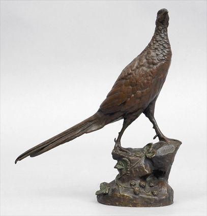 Appraisal: L BUREAUD PHEASANT Bronze modeled on a rocky ledge gazing