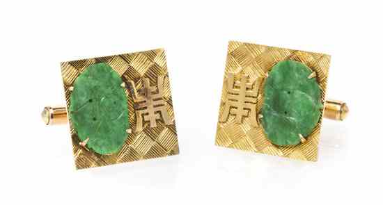 Appraisal: A Pair of Karat Yellow Gold and Jade Cufflinks consisting