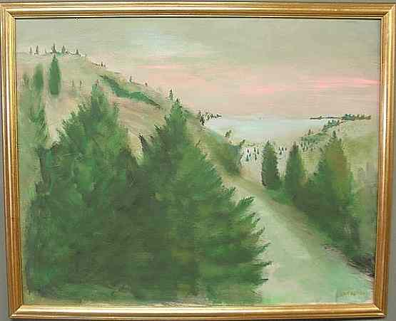 Appraisal: Large oil on canvas landscape painting with evergreen trees on