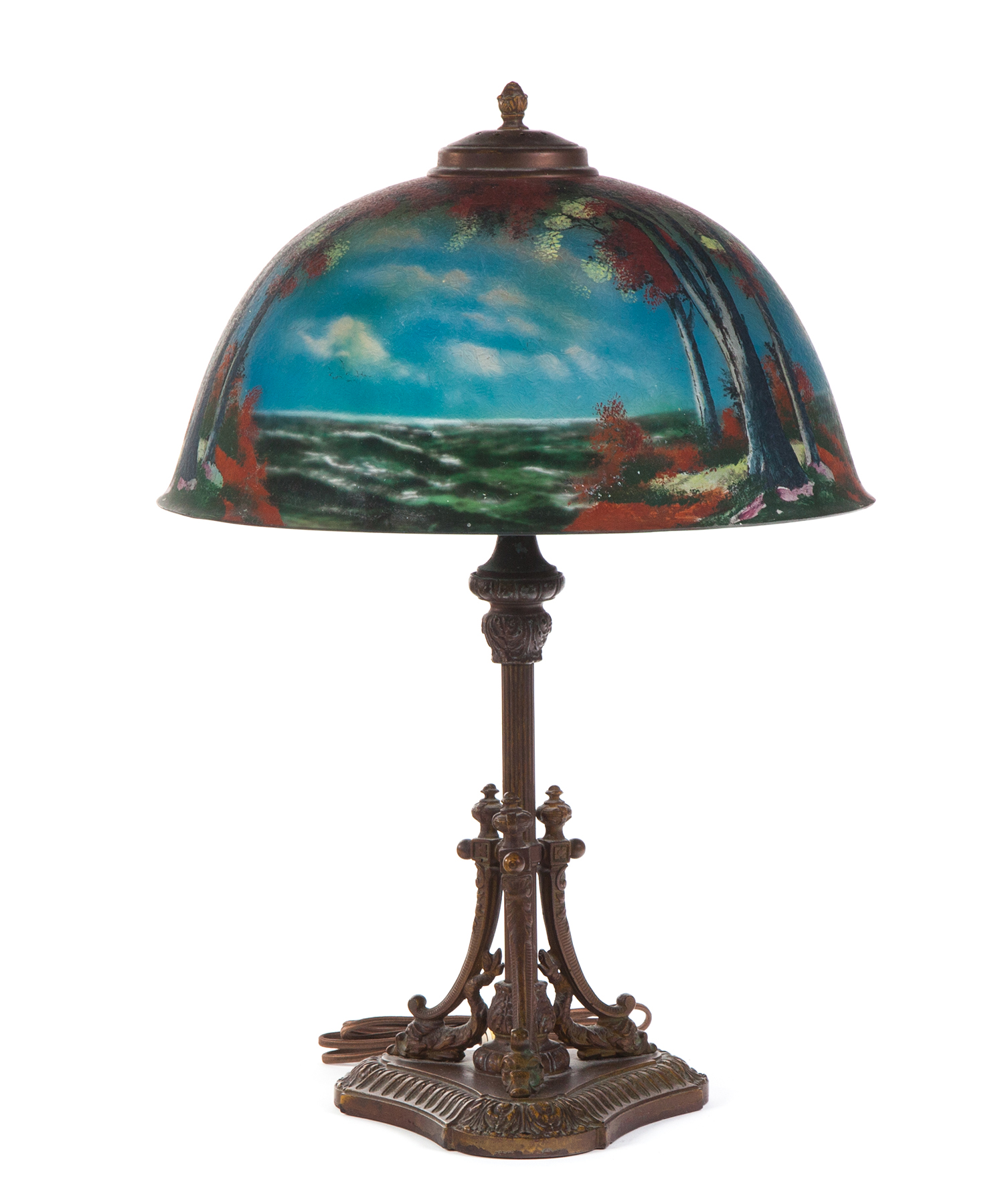 Appraisal: TABLE LAMP WITH REVERSE PAINTED GLASS SHADE American st quarter-