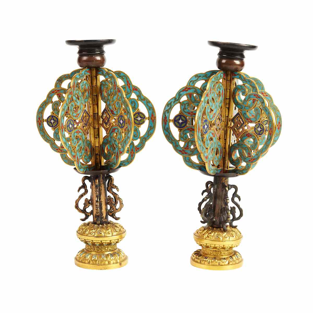 Appraisal: Pair of Cloisonn Enamel Lamp Finials th century Raised on