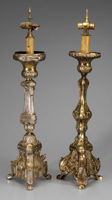 Appraisal: Two pricket style brass lamps Renaissance style decoration one tripod