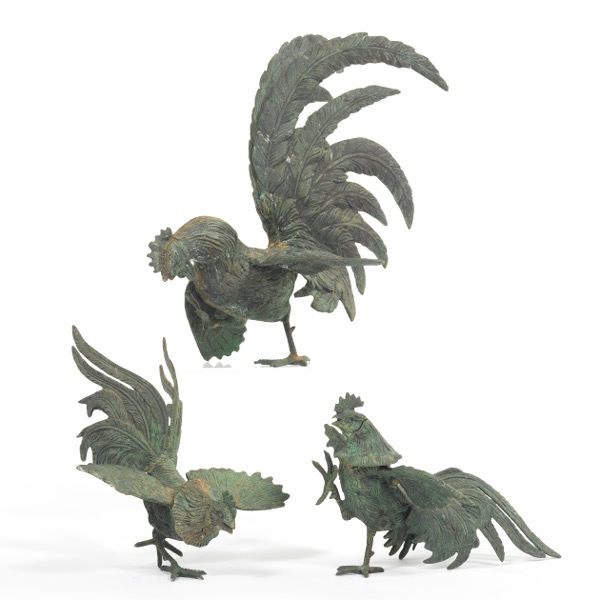 Appraisal: SET OF THREE BRONZE FIGHTING COCKERELS Bronze cockerels with verdigris