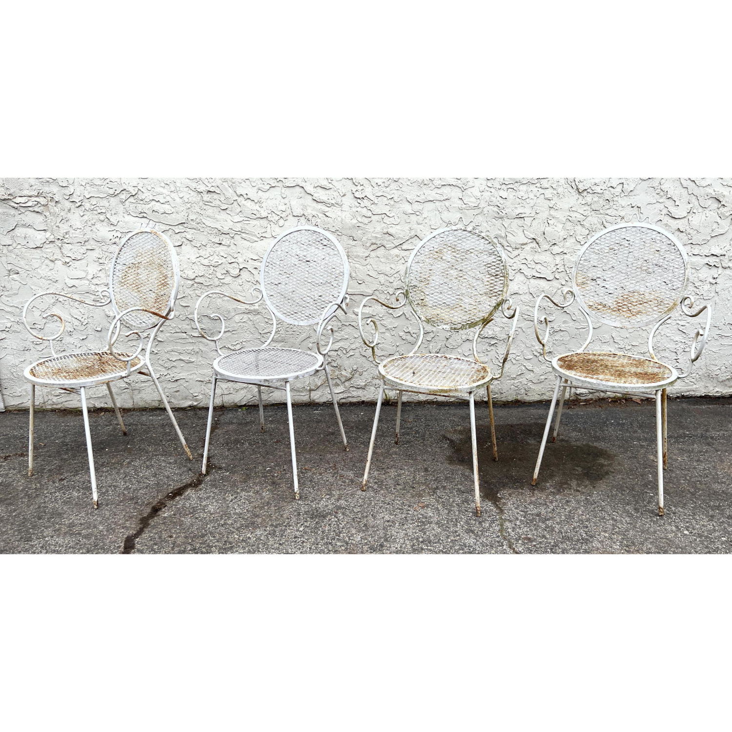 Appraisal: Set Outdoor Patio Garden Iron Chairs Round Diamond mesh seats