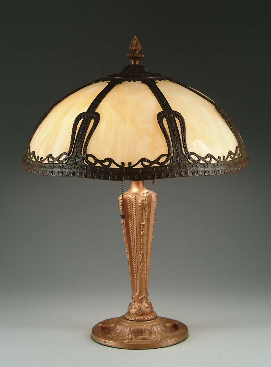 Appraisal: BENT PANEL LAMP Dome shaped shade has seven bent carmel