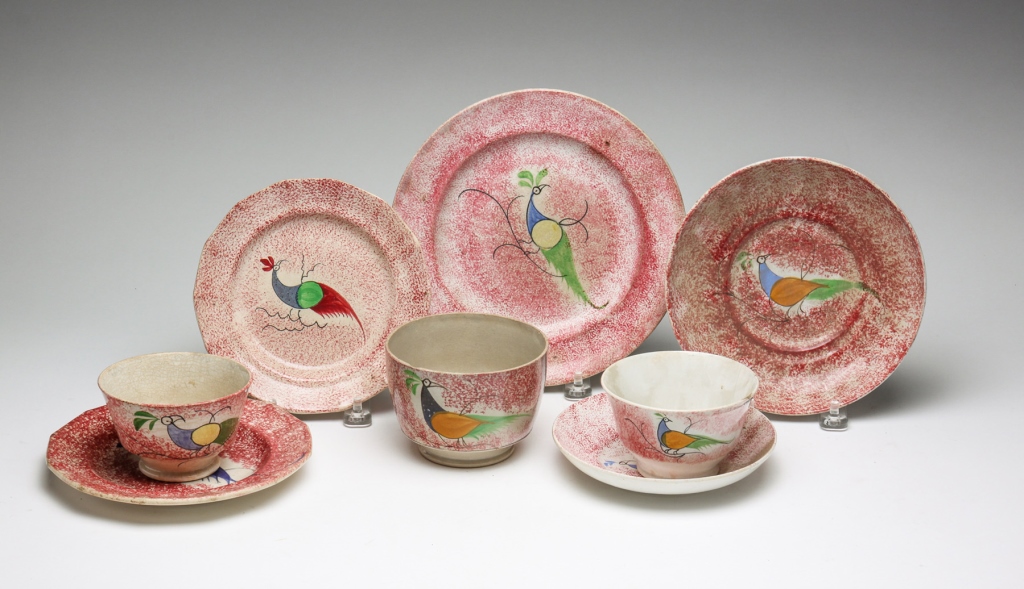 Appraisal: Mid th century Red spatter with peafowls Includes three plates