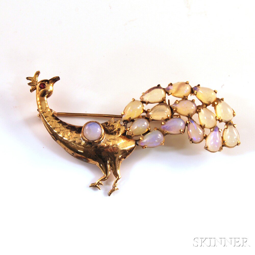 Appraisal: kt Gold Opal and Gemstone Peacock Brooch the gold peacock