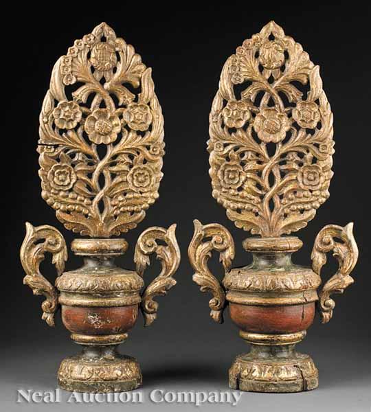 Appraisal: A Pair of Antique Portuguese Carved and Polychromed Urns baluster