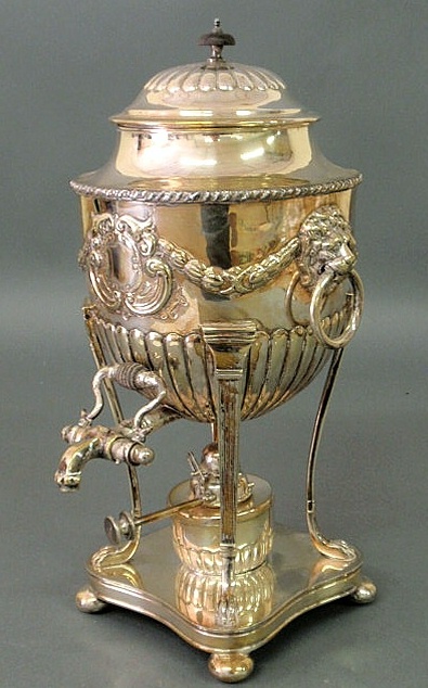 Appraisal: Silverplate hot water urn with lion mask handles h