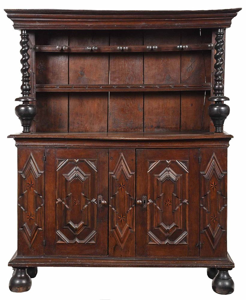 Appraisal: Continental Baroque Ebonized Oak Pewter Cupboard probably Dutch period elements