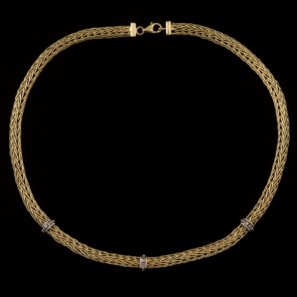 Appraisal: LADIES' WHEAT-LINK GOLD AND DIAMOND NECKLACE L Gold wheat link