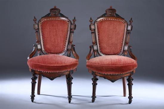 Appraisal: PAIR VICTORIAN EASTLAKE HALF-ARM CHAIRS late th century with nailed