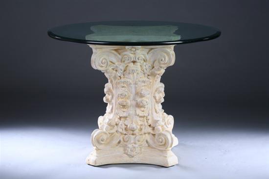 Appraisal: CONTEMPORARY GLASS-TOP FAUX-PAINTED ROUND PEDESTAL TABLE late th century Bevelled-edge