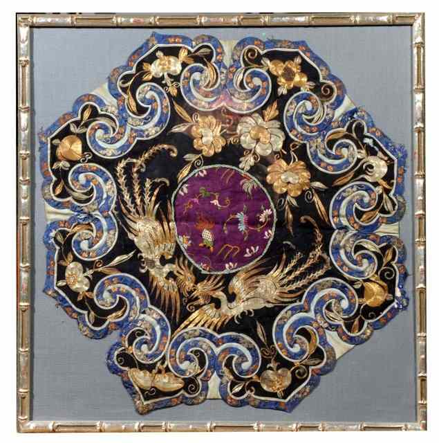 Appraisal: A CHINESE EMBROIDERED SILK OCTAGONAL probably taken from a robe