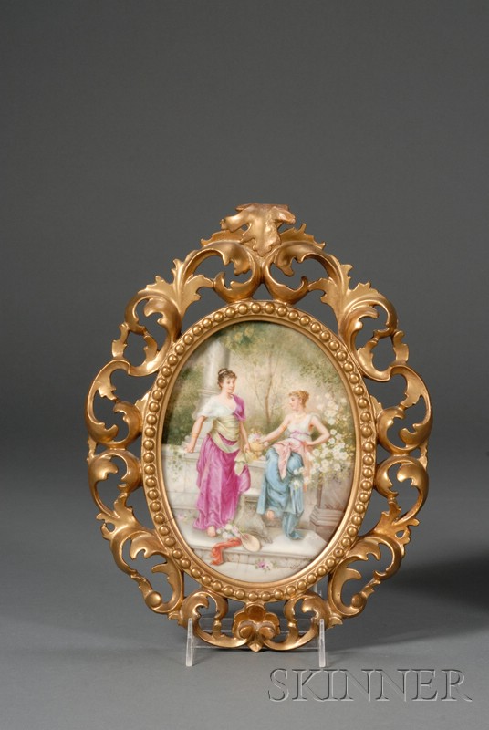 Appraisal: German Painted Porcelain Plaque in Giltwood Frame late th century