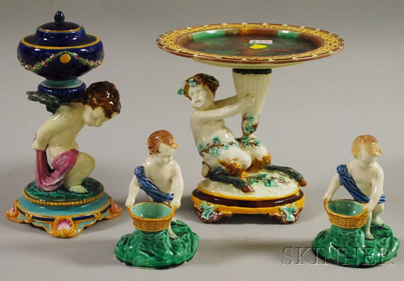 Appraisal: Four Wedgwood Majolica Figural Table Items a tazza a pair