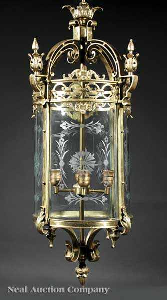 Appraisal: A Pair of Large Louis XVI-Style Polished Brass Hall Lanterns