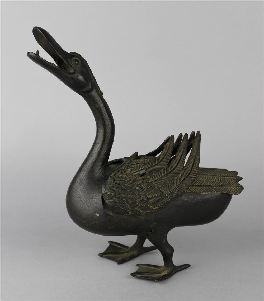 Appraisal: JAPANESE BRONZE GOOSE-FORM CENSER MEIJI PERIOD realistically cast walking with