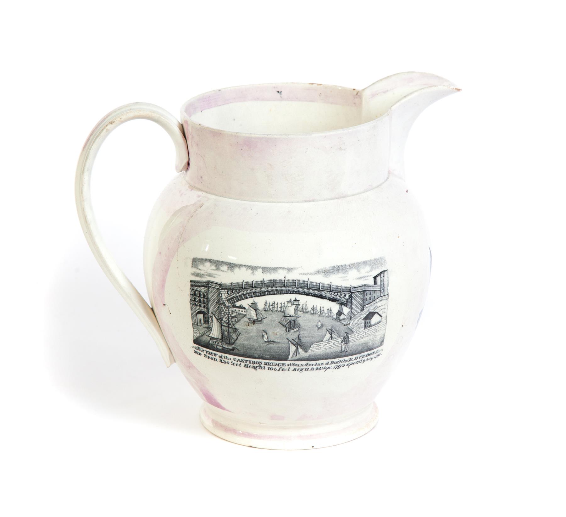 Appraisal: SUNDERLAND PINK LUSTRE PITCHER WITH TRANSFER SCENES England th century