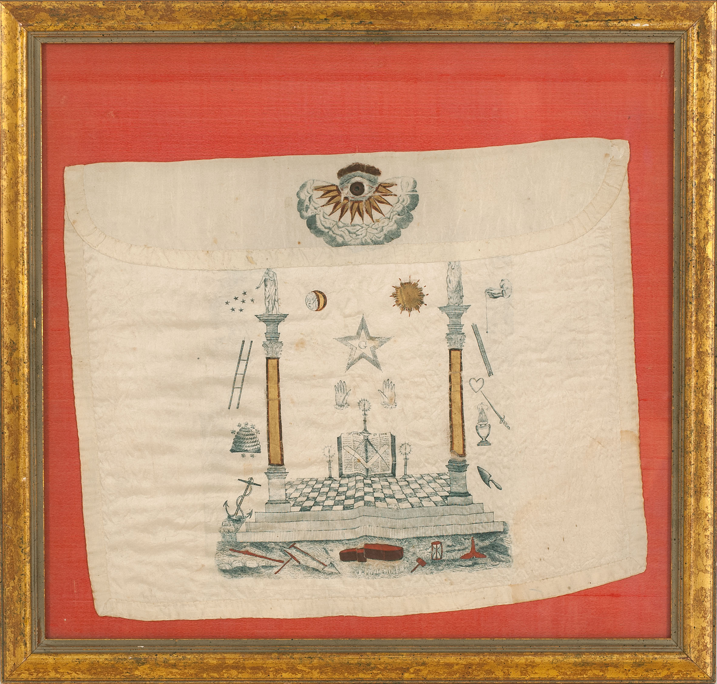 Appraisal: FRAMED MASONIC APRON In white silk with decoration of an