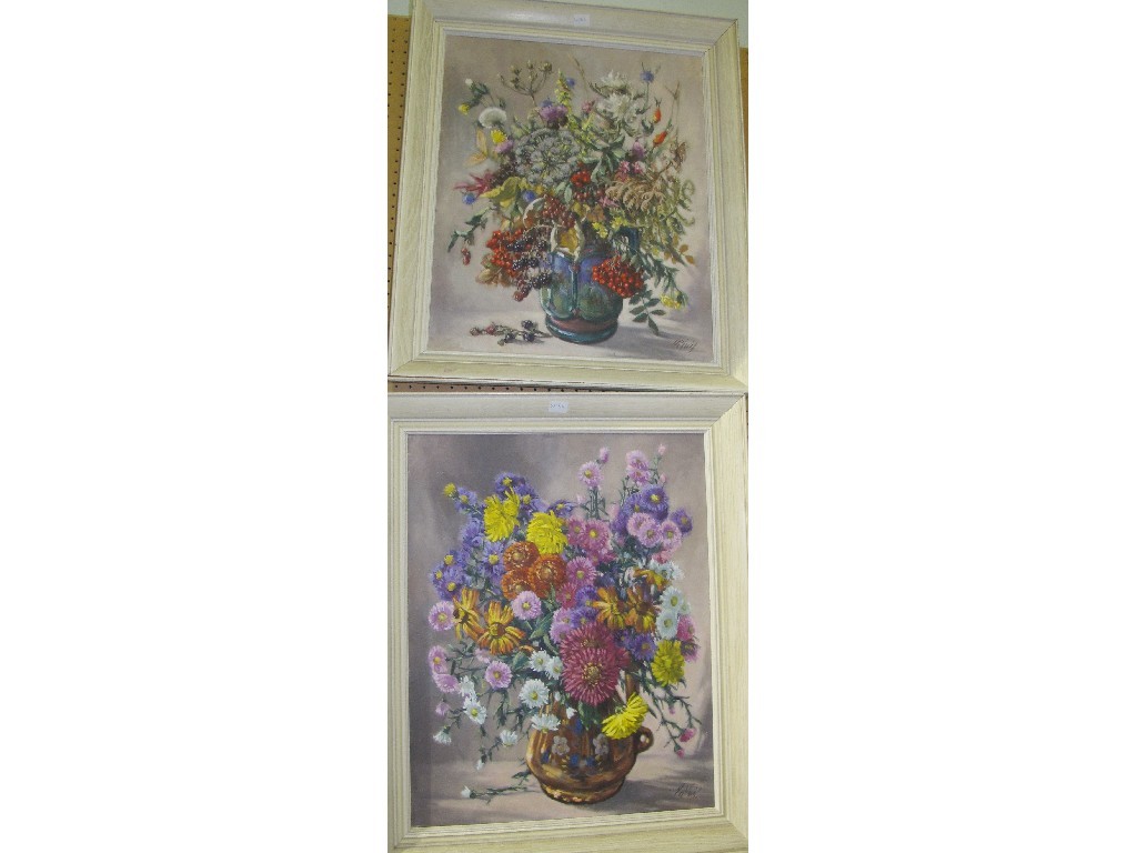 Appraisal: NORMAN S McNEIL Pair of oil on canvas flower studies